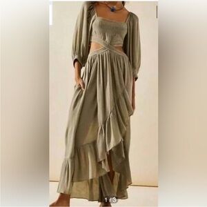 Free People Tan Green Asymmetrical Ruffled Sundress